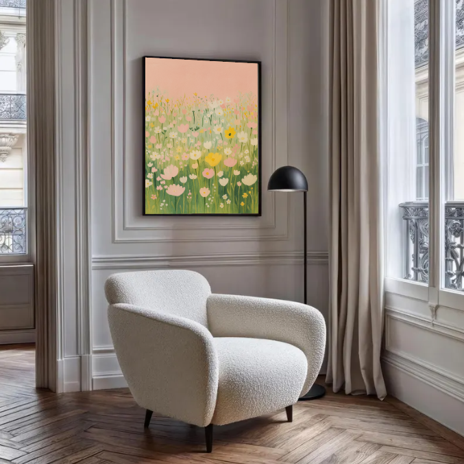 Pastel Flower Field Art Print – Spring Botanical Wall Decor, Soft Nursery Floral Poster