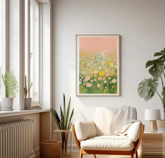 Pastel Flower Field Art Print – Spring Botanical Wall Decor, Soft Nursery Floral Poster