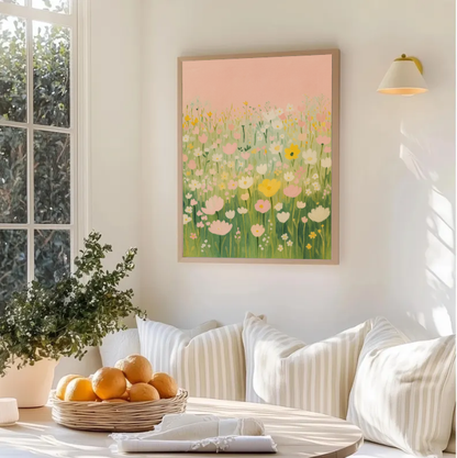 Pastel Flower Field Art Print – Spring Botanical Wall Decor, Soft Nursery Floral Poster