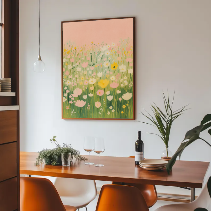 Pastel Flower Field Art Print – Spring Botanical Wall Decor, Soft Nursery Floral Poster