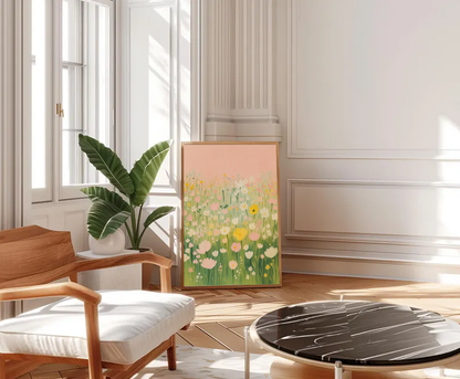 Pastel Flower Field Art Print – Spring Botanical Wall Decor, Soft Nursery Floral Poster