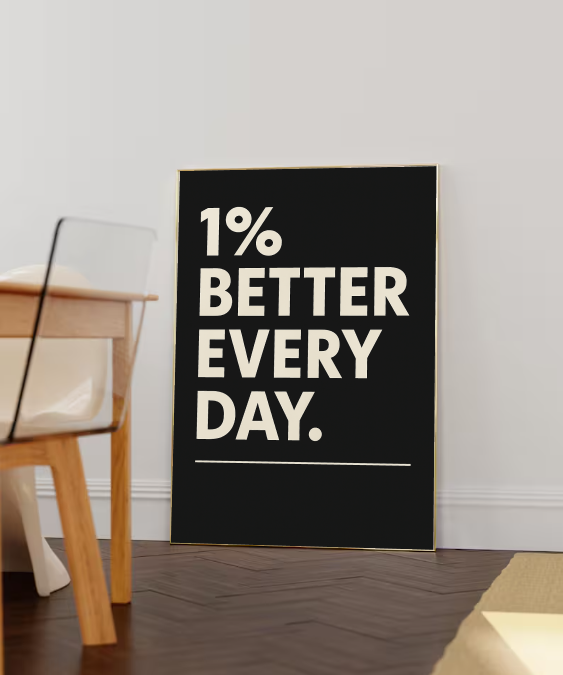 Productivity Wall Art – 1% Better Every Day Printable, Inspirational Quote Print, Modern Minimalist Black and White Decor