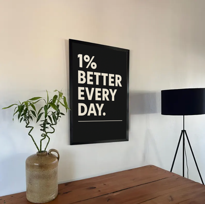 Productivity Wall Art – 1% Better Every Day Printable, Inspirational Quote Print, Modern Minimalist Black and White Decor