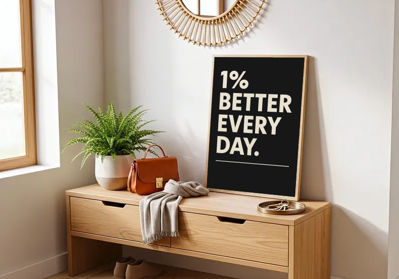 Productivity Wall Art – 1% Better Every Day Printable, Inspirational Quote Print, Modern Minimalist Black and White Decor