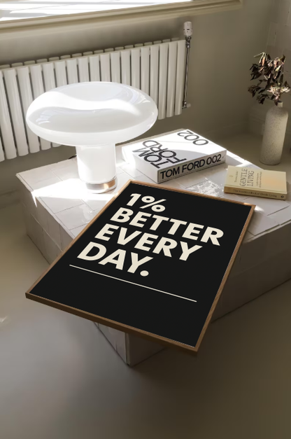 Productivity Wall Art – 1% Better Every Day Printable, Inspirational Quote Print, Modern Minimalist Black and White Decor