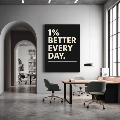 Productivity Wall Art – 1% Better Every Day Printable, Inspirational Quote Print, Modern Minimalist Black and White Decor