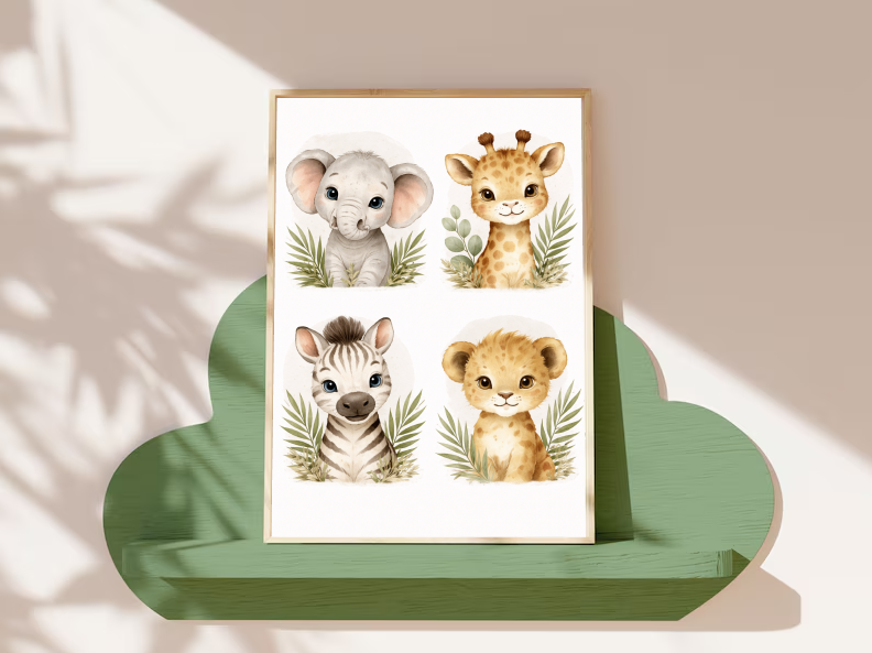 Safari Nursery Wall Art Set, Cute Baby Animal Prints, Elephant Giraffe Zebra Lion Illustration, Gender Neutral Jungle Nursery Decor, Printable Digital Download