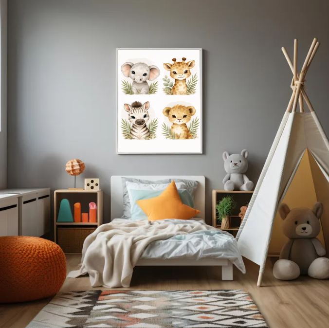 Safari Nursery Wall Art Set, Cute Baby Animal Prints, Elephant Giraffe Zebra Lion Illustration, Gender Neutral Jungle Nursery Decor, Printable Digital Download