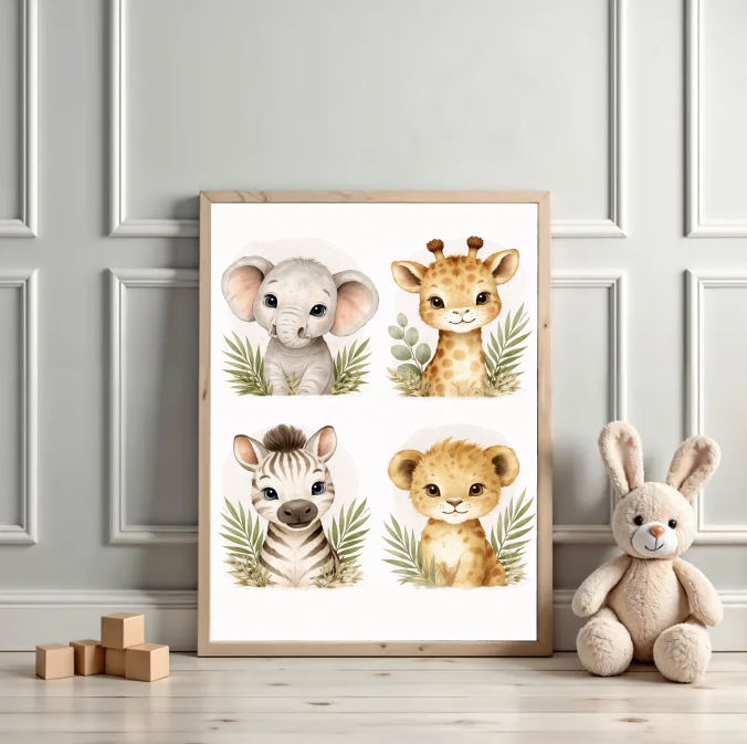 Safari Nursery Wall Art Set, Cute Baby Animal Prints, Elephant Giraffe Zebra Lion Illustration, Gender Neutral Jungle Nursery Decor, Printable Digital Download
