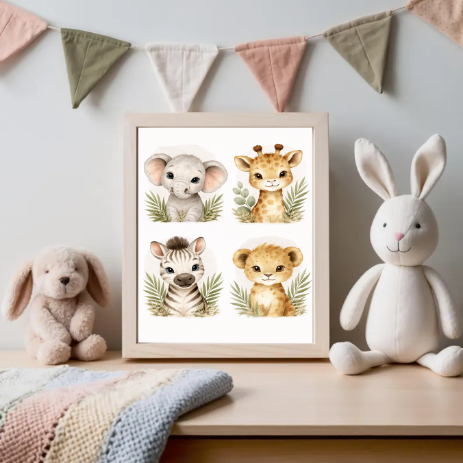 Safari Nursery Wall Art Set, Cute Baby Animal Prints, Elephant Giraffe Zebra Lion Illustration, Gender Neutral Jungle Nursery Decor, Printable Digital Download
