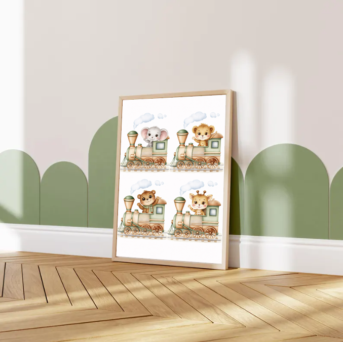 Safari Train Nursery Wall Art Set, Cute Baby Animal Train Prints, Elephant Lion Bear Giraffe Illustration, Gender Neutral Nursery Decor, Printable Digital Download