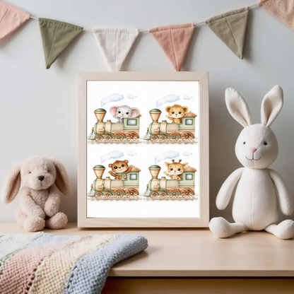 Safari Train Nursery Wall Art Set, Cute Baby Animal Train Prints, Elephant Lion Bear Giraffe Illustration, Gender Neutral Nursery Decor, Printable Digital Download
