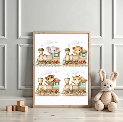 Safari Train Nursery Wall Art Set, Cute Baby Animal Train Prints, Elephant Lion Bear Giraffe Illustration, Gender Neutral Nursery Decor, Printable Digital Download