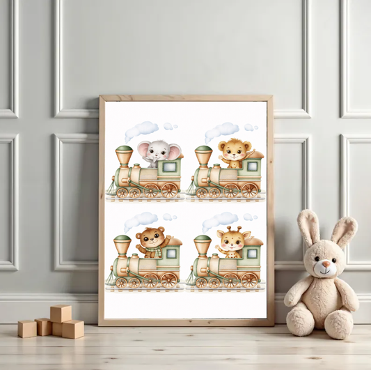Safari Train Nursery Wall Art Set, Cute Baby Animal Train Prints, Elephant Lion Bear Giraffe Illustration, Gender Neutral Nursery Decor, Printable Digital Download