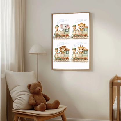 Safari Train Nursery Wall Art Set, Cute Baby Animal Train Prints, Elephant Lion Bear Giraffe Illustration, Gender Neutral Nursery Decor, Printable Digital Download