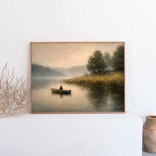 Serene Lake Boat Wall Art Print, Misty Morning Landscape Painting, Vintage Countryside Decor, Calm Nature Scene, Printable Digital Download