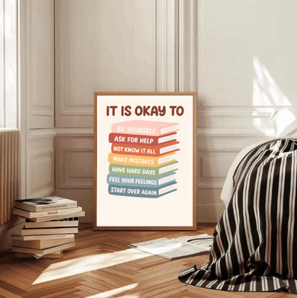 Stacked Books Affirmation Print – It’s Okay To Poster, Positive Kids Wall Art
