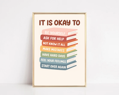 Stacked Books Affirmation Print – It’s Okay To Poster, Positive Kids Wall Art
