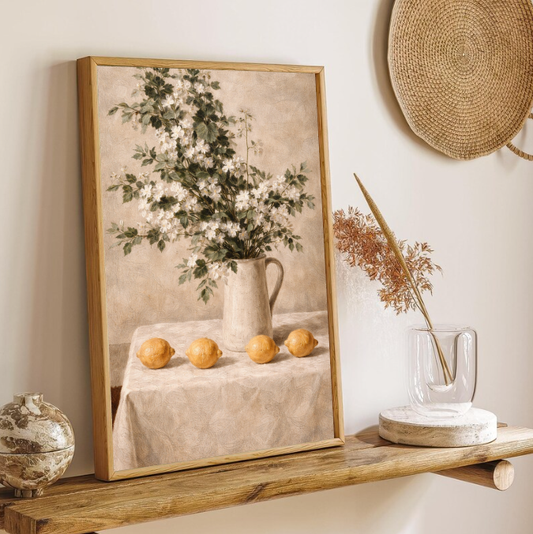 Vintage Floral Still Life Wall Art Print, Lemon and White Flowers Painting, Rustic Farmhouse Decor, French Country Cottage Art, Printable Digital Download