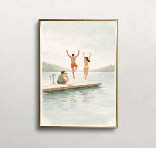 Summer Lake Memories — Vintage Travel Poster Style Wall Art, Family Adventure Illustration, Coastal Cottage Decor