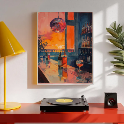 Sunset Disco Bar — Retro Nightlife, Neon Aesthetic, Cocktail Lounge Art
