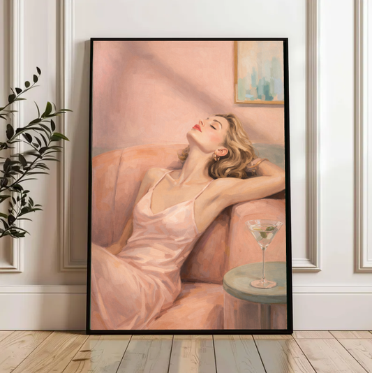 Vintage Glam Lounge Wall Art — Elegant Woman in Pink, Soft Pastel Aesthetic, Retro Fashion Decor, Minimalist Feminine Printable