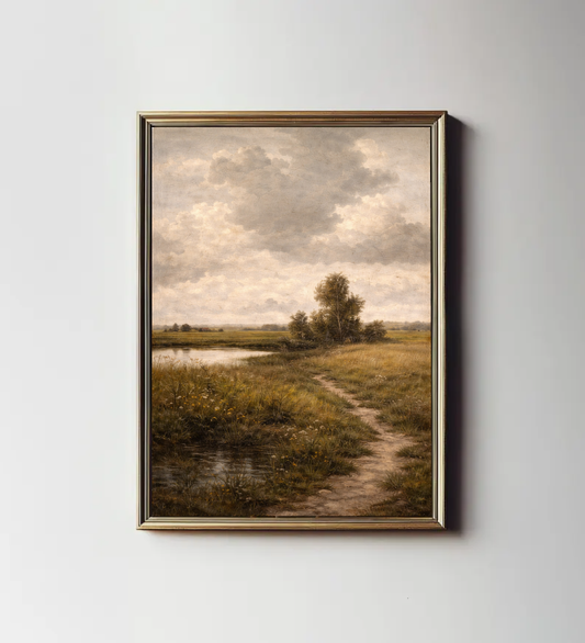 Vintage Landscape Wall Art Print, Rustic Countryside Meadow Painting, Cottagecore Nature Decor, Neutral Farmhouse Art, Printable Digital Download