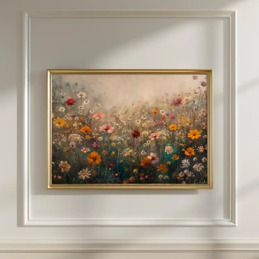 Wildflower Meadow Wall Art, Moody Floral Landscape Painting, Cottagecore Botanical Print, Vintage-Inspired Floral Decor, Romantic Nature Art