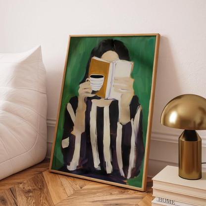 Quiet Morning Ritual — Woman Reading with Coffee Modern Art Print