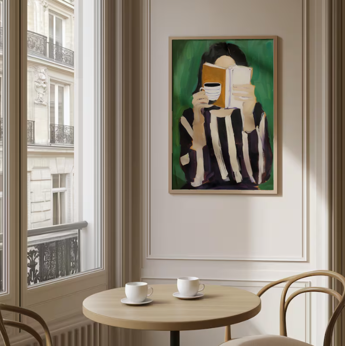 Quiet Morning Ritual — Woman Reading with Coffee Modern Art Print