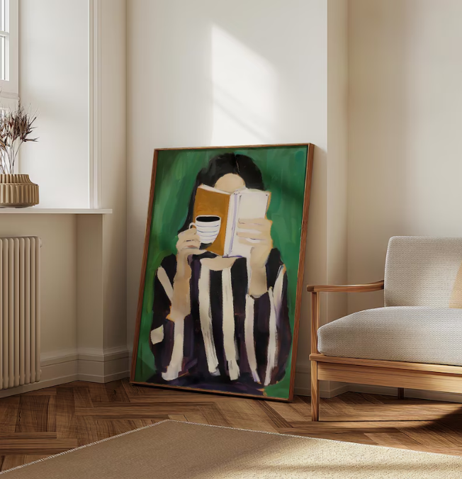 Quiet Morning Ritual — Woman Reading with Coffee Modern Art Print