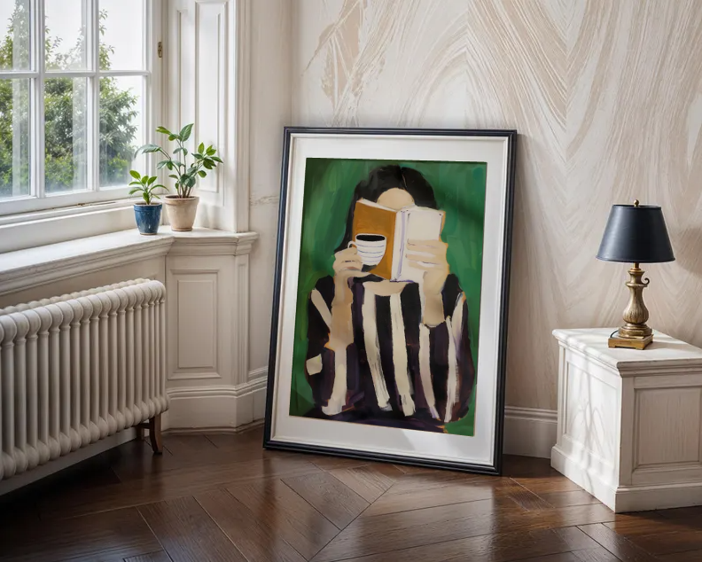 Quiet Morning Ritual — Woman Reading with Coffee Modern Art Print
