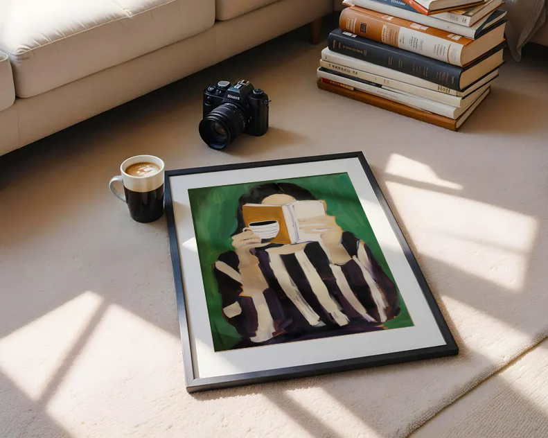 Quiet Morning Ritual — Woman Reading with Coffee Modern Art Print